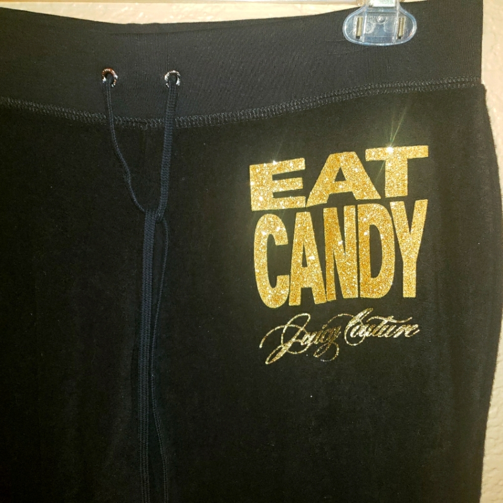New Vintage Juicy Couture Med Black Velour Pants w Gold Logo!